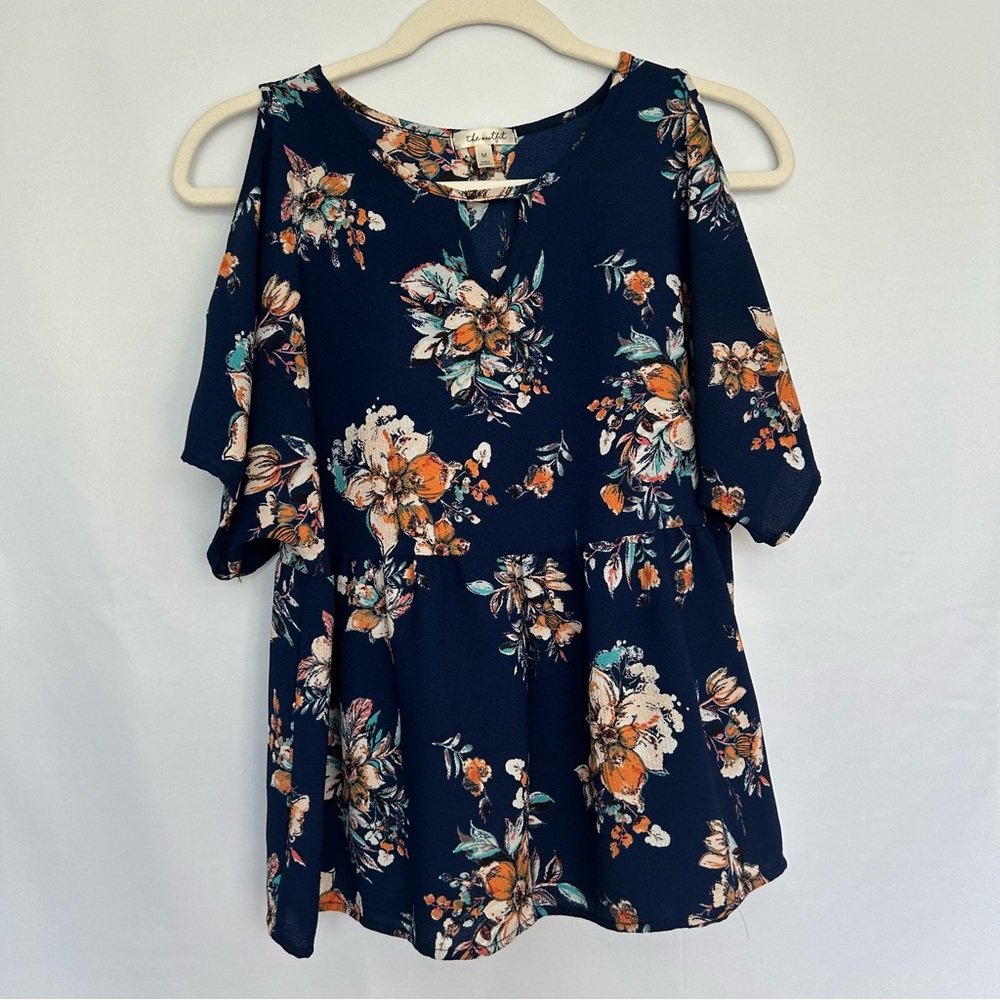 The Outfit Navy Cold Shoulder Peplum Top with Floral Print‎